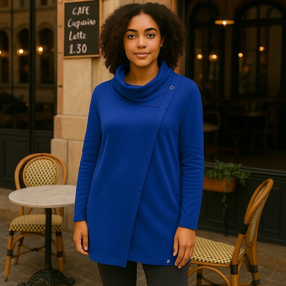 Danskin Royal Blue Asymmetrical Cowl Neck Sweater Jacket – Size Medium - Picture 1 of 7